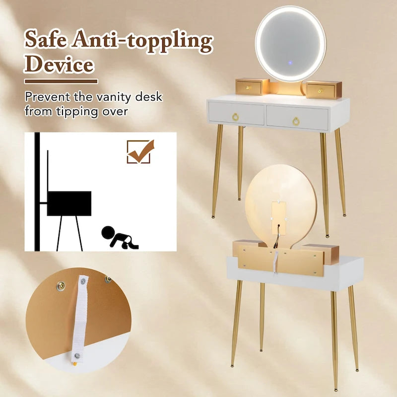 Ensemble table de toilette avec miroir éclairé 3 couleurs et tabouret - Voir détails