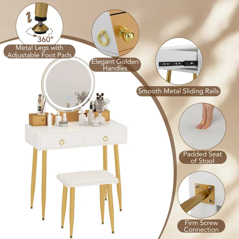 Ensemble table de toilette avec miroir éclairé 3 couleurs et tabouret - Voir détails