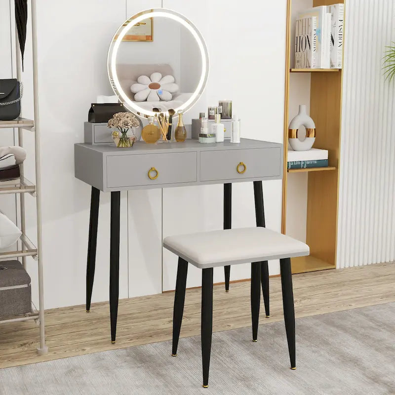 Ensemble table de toilette avec miroir éclairé 3 couleurs et tabouret - Voir détails