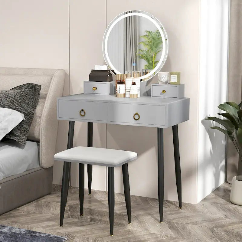 Ensemble table de toilette avec miroir éclairé 3 couleurs et tabouret - Voir détails