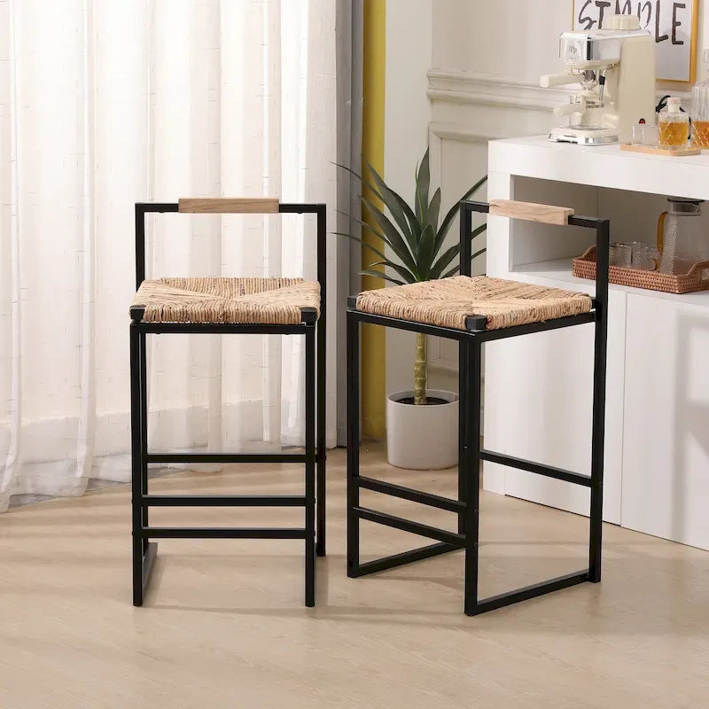 Tabourets de bar tissés à la main, tabourets de bar hauteur comptoir avec pieds de support en métal, tabourets d'îlot de cuisine avec dossier et repose-pieds