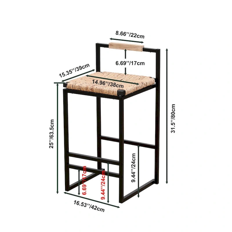 Tabourets de bar tissés à la main, tabourets de bar hauteur comptoir avec pieds de support en métal, tabourets d'îlot de cuisine avec dossier et repose-pieds