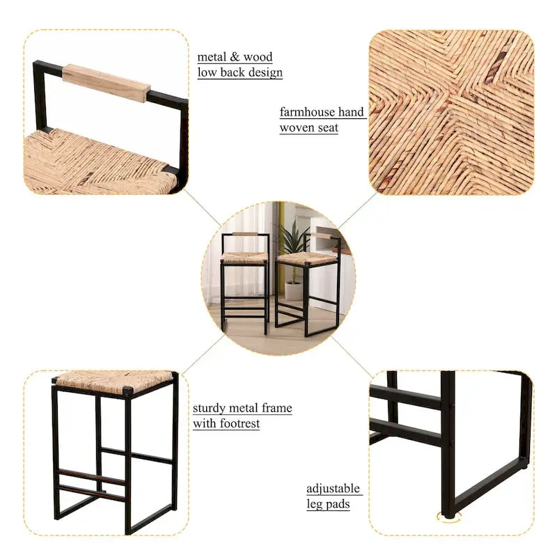 Tabourets de bar tissés à la main, tabourets de bar hauteur comptoir avec pieds de support en métal, tabourets d'îlot de cuisine avec dossier et repose-pieds