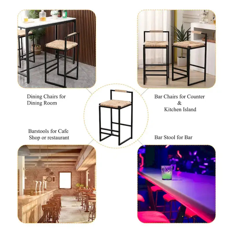 Tabourets de bar tissés à la main, tabourets de bar hauteur comptoir avec pieds de support en métal, tabourets d'îlot de cuisine avec dossier et repose-pieds