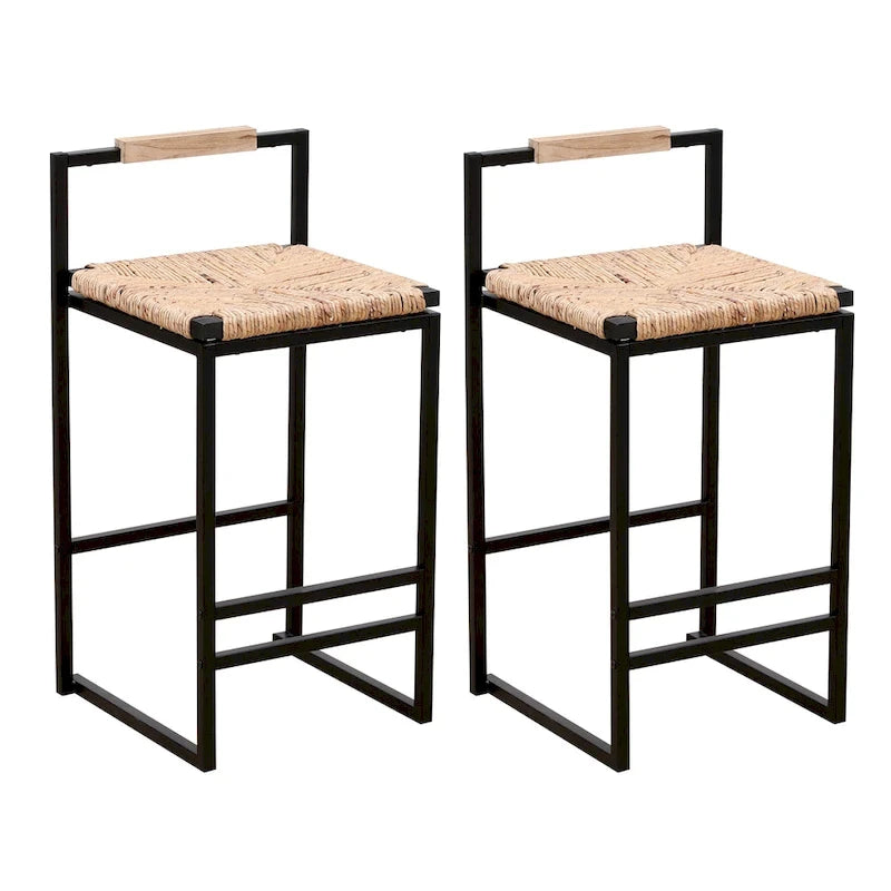 Tabourets de bar tissés à la main, tabourets de bar hauteur comptoir avec pieds de support en métal, tabourets d'îlot de cuisine avec dossier et repose-pieds