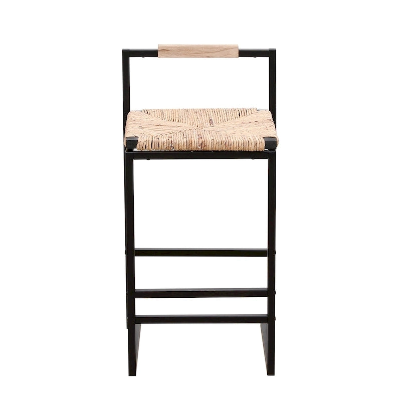 Tabourets de bar tissés à la main, tabourets de bar hauteur comptoir avec pieds de support en métal, tabourets d'îlot de cuisine avec dossier et repose-pieds