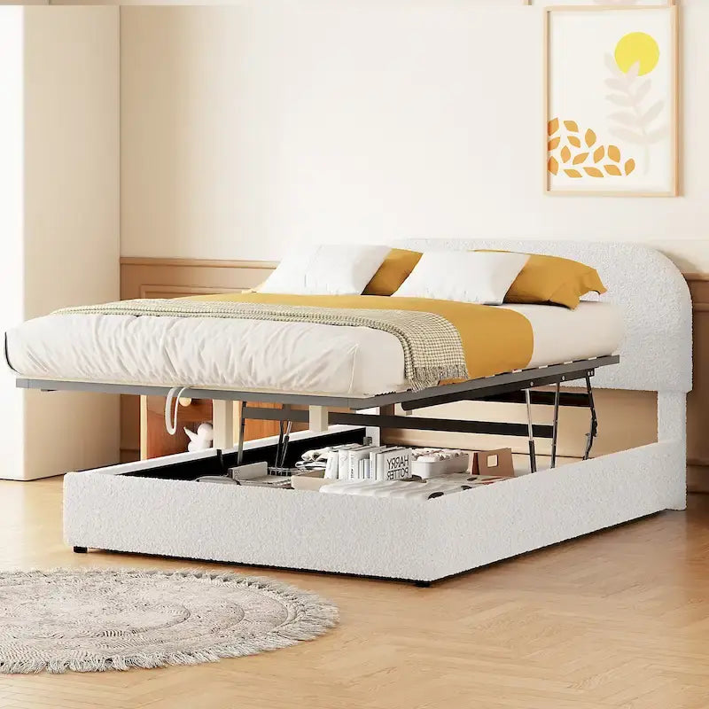 Cadre de lit plateforme relevable avec rangement, cadre de lit bas en polaire Teddy avec système de rangement hydraulique, tête de lit incurvée, lit à panneaux de bois