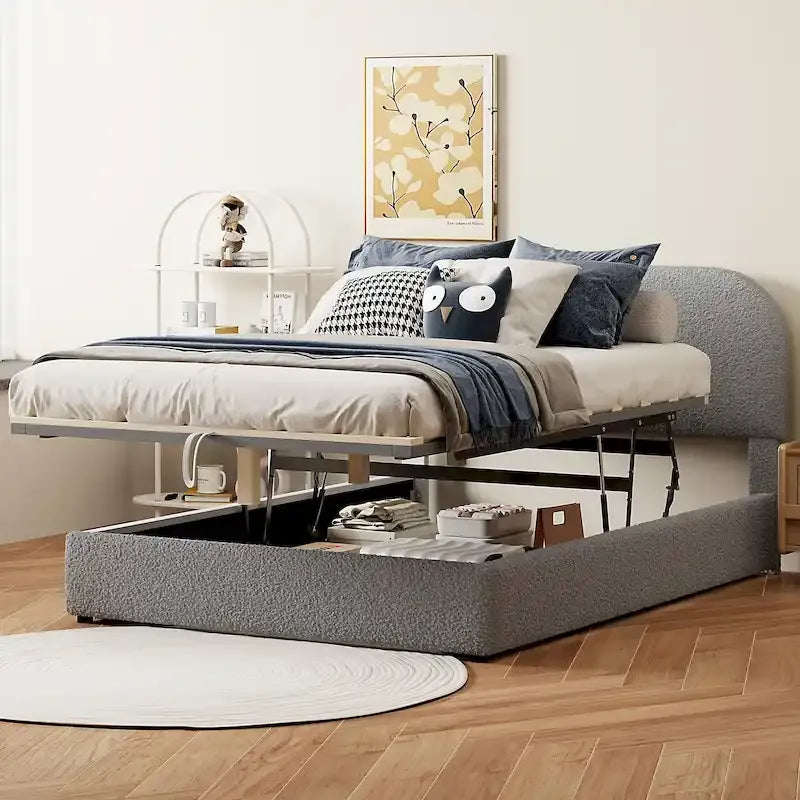 Cadre de lit plateforme relevable avec rangement, cadre de lit bas en polaire Teddy avec système de rangement hydraulique, tête de lit incurvée, lit à panneaux de bois