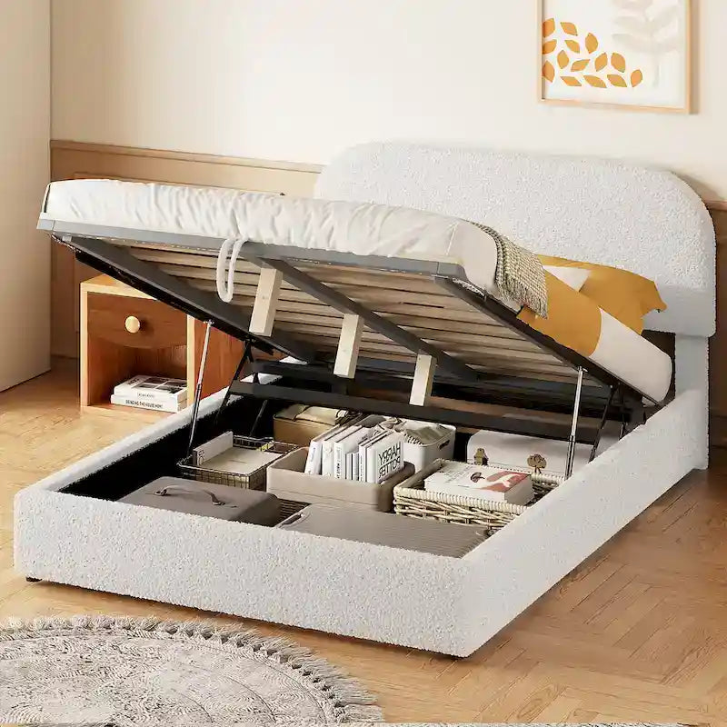 Cadre de lit plateforme relevable avec rangement, cadre de lit bas en polaire Teddy avec système de rangement hydraulique, tête de lit incurvée, lit à panneaux de bois