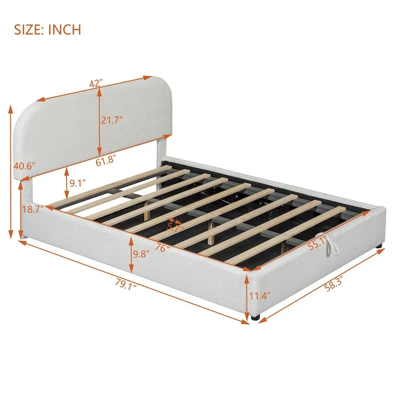 Cadre de lit plateforme relevable avec rangement, cadre de lit bas en polaire Teddy avec système de rangement hydraulique, tête de lit incurvée, lit à panneaux de bois