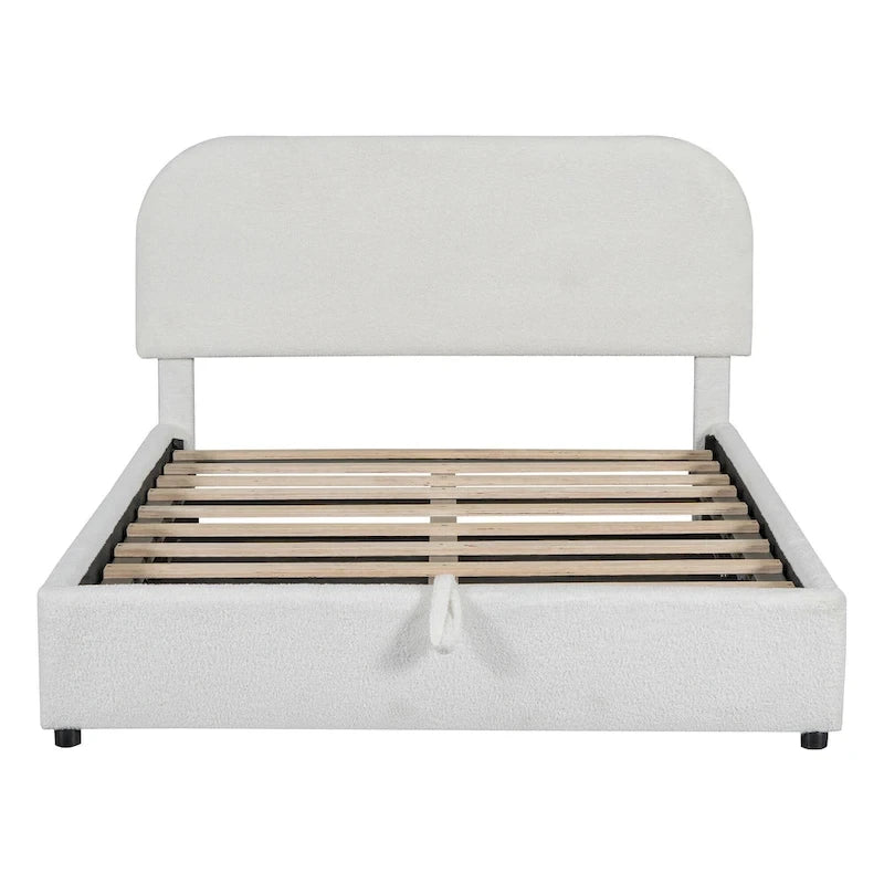 Cadre de lit plateforme relevable avec rangement, cadre de lit bas en polaire Teddy avec système de rangement hydraulique, tête de lit incurvée, lit à panneaux de bois