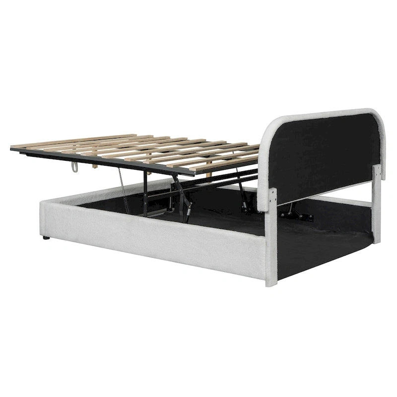 Cadre de lit plateforme relevable avec rangement, cadre de lit bas en polaire Teddy avec système de rangement hydraulique, tête de lit incurvée, lit à panneaux de bois