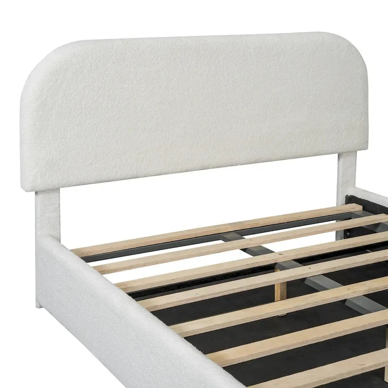 Cadre de lit plateforme relevable avec rangement, cadre de lit bas en polaire Teddy avec système de rangement hydraulique, tête de lit incurvée, lit à panneaux de bois