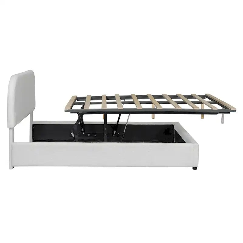 Cadre de lit plateforme relevable avec rangement, cadre de lit bas en polaire Teddy avec système de rangement hydraulique, tête de lit incurvée, lit à panneaux de bois
