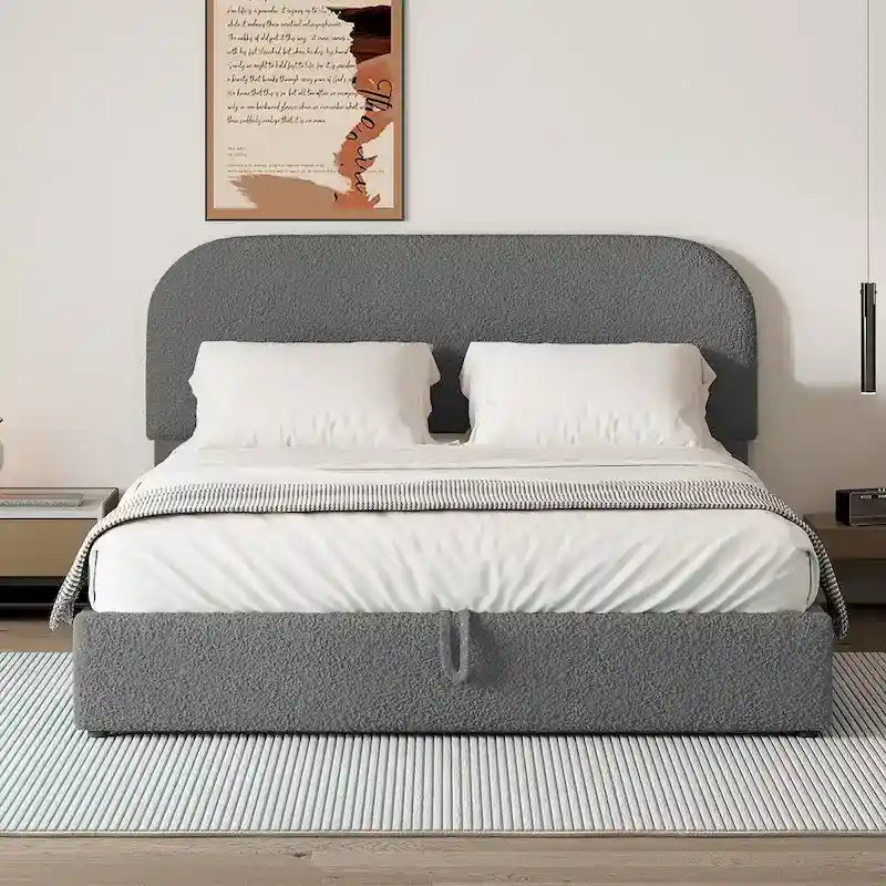 Cadre de lit plateforme relevable avec rangement, cadre de lit bas en polaire Teddy avec système de rangement hydraulique, tête de lit incurvée, lit à panneaux de bois