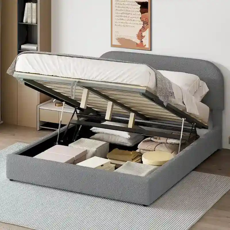 Cadre de lit plateforme relevable avec rangement, cadre de lit bas en polaire Teddy avec système de rangement hydraulique, tête de lit incurvée, lit à panneaux de bois