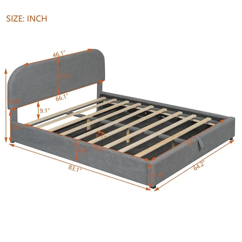 Cadre de lit plateforme relevable avec rangement, cadre de lit bas en polaire Teddy avec système de rangement hydraulique, tête de lit incurvée, lit à panneaux de bois