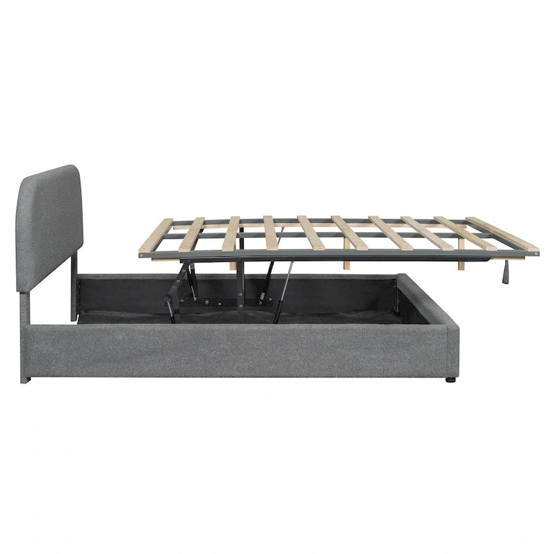 Cadre de lit plateforme relevable avec rangement, cadre de lit bas en polaire Teddy avec système de rangement hydraulique, tête de lit incurvée, lit à panneaux de bois