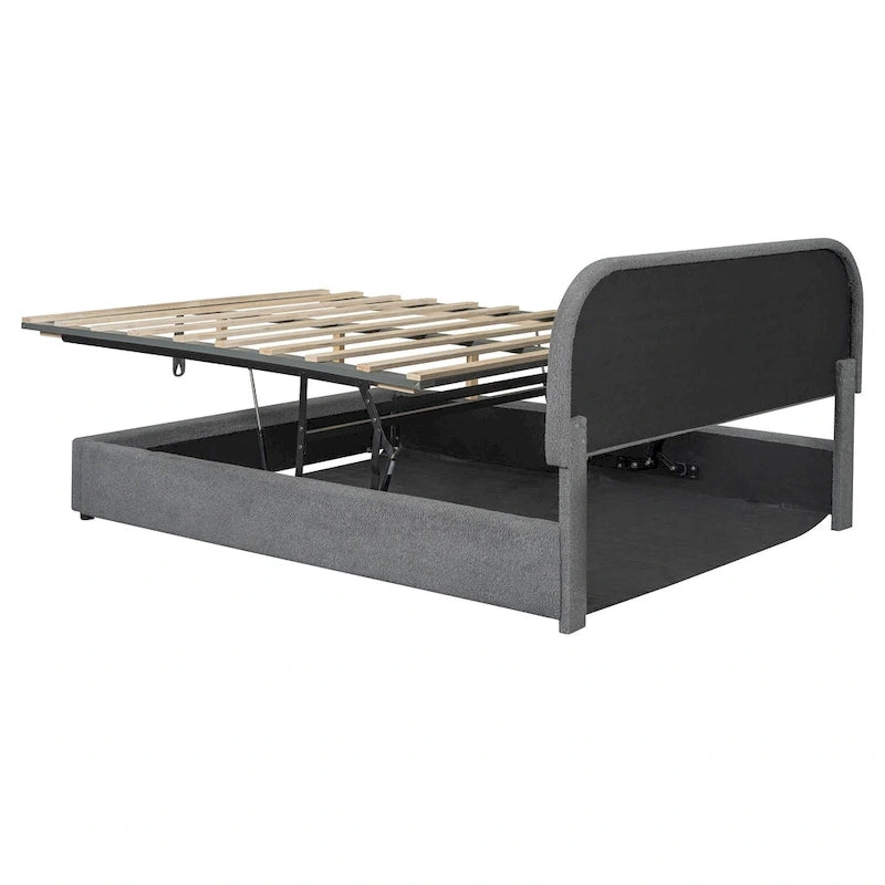 Cadre de lit plateforme relevable avec rangement, cadre de lit bas en polaire Teddy avec système de rangement hydraulique, tête de lit incurvée, lit à panneaux de bois