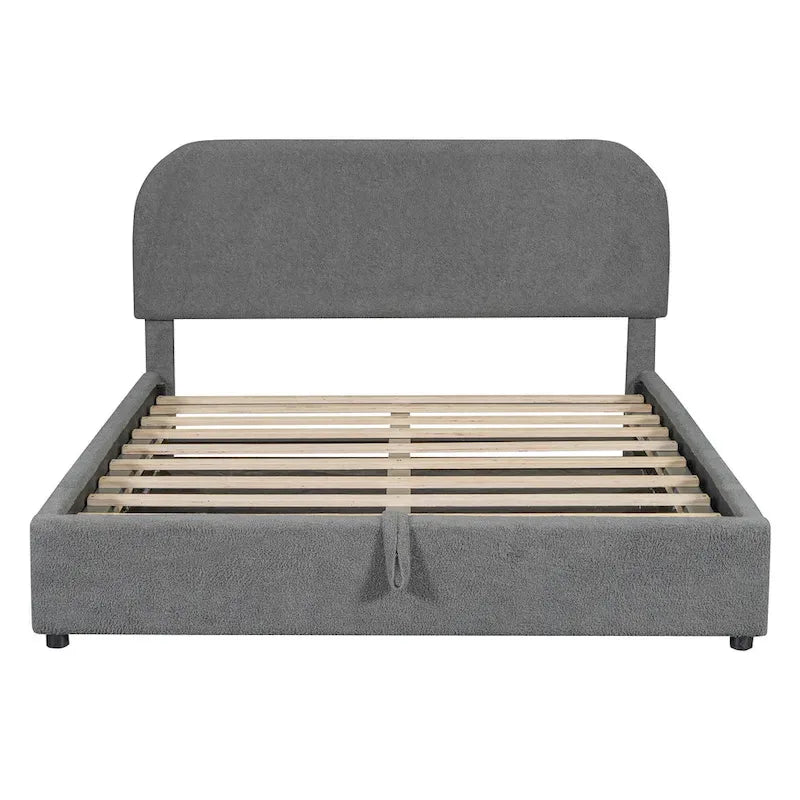 Cadre de lit plateforme relevable avec rangement, cadre de lit bas en polaire Teddy avec système de rangement hydraulique, tête de lit incurvée, lit à panneaux de bois