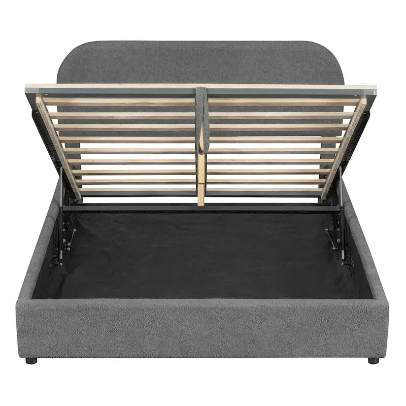 Cadre de lit plateforme relevable avec rangement, cadre de lit bas en polaire Teddy avec système de rangement hydraulique, tête de lit incurvée, lit à panneaux de bois