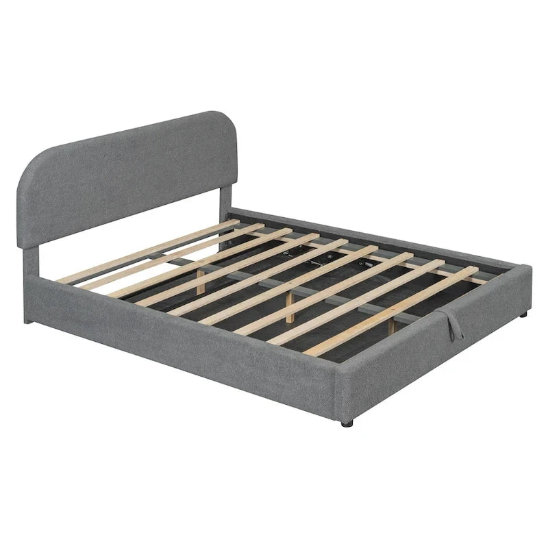 Cadre de lit plateforme relevable avec rangement, cadre de lit bas en polaire Teddy avec système de rangement hydraulique, tête de lit incurvée, lit à panneaux de bois
