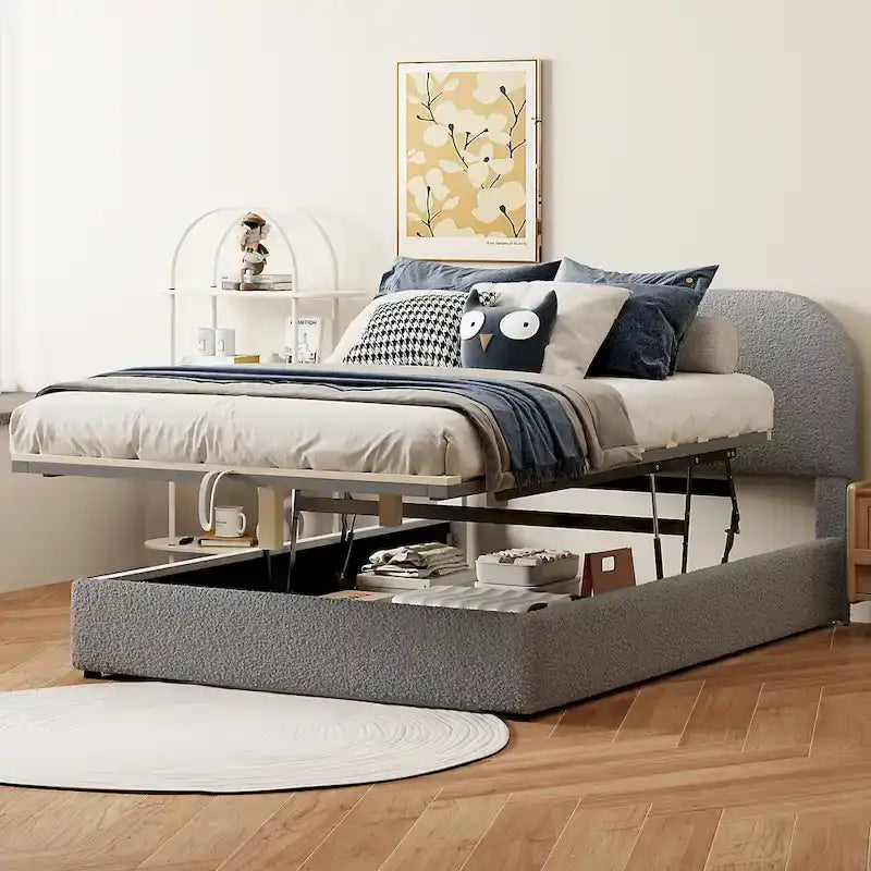 Cadre de lit plateforme relevable avec rangement, cadre de lit bas en polaire Teddy avec système de rangement hydraulique, tête de lit incurvée, lit à panneaux de bois