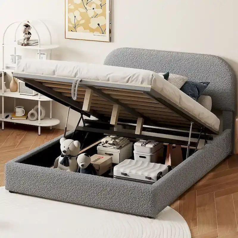 Cadre de lit plateforme relevable avec rangement, cadre de lit bas en polaire Teddy avec système de rangement hydraulique, tête de lit incurvée, lit à panneaux de bois