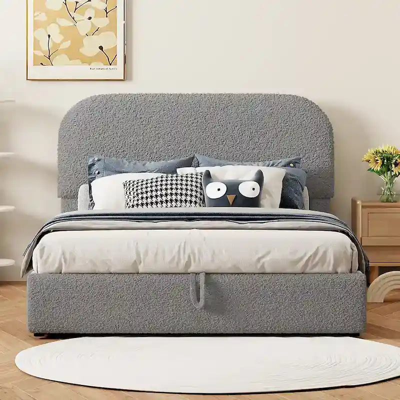 Cadre de lit plateforme relevable avec rangement, cadre de lit bas en polaire Teddy avec système de rangement hydraulique, tête de lit incurvée, lit à panneaux de bois