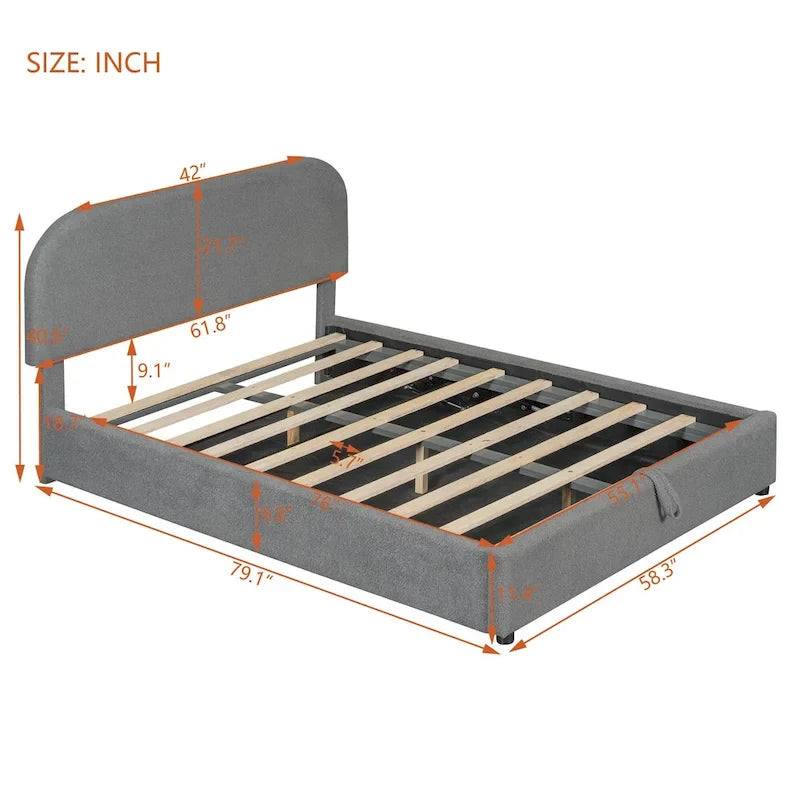 Cadre de lit plateforme relevable avec rangement, cadre de lit bas en polaire Teddy avec système de rangement hydraulique, tête de lit incurvée, lit à panneaux de bois