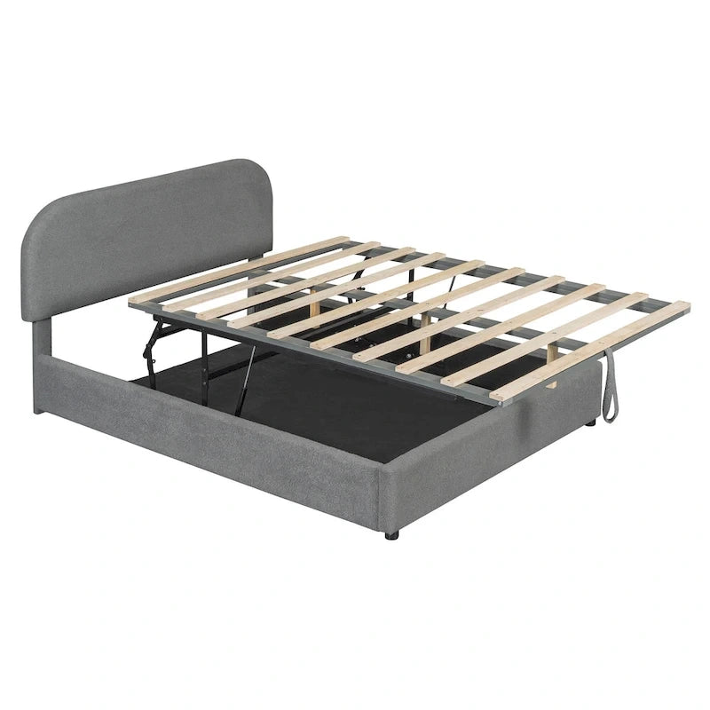 Cadre de lit plateforme relevable avec rangement, cadre de lit bas en polaire Teddy avec système de rangement hydraulique, tête de lit incurvée, lit à panneaux de bois