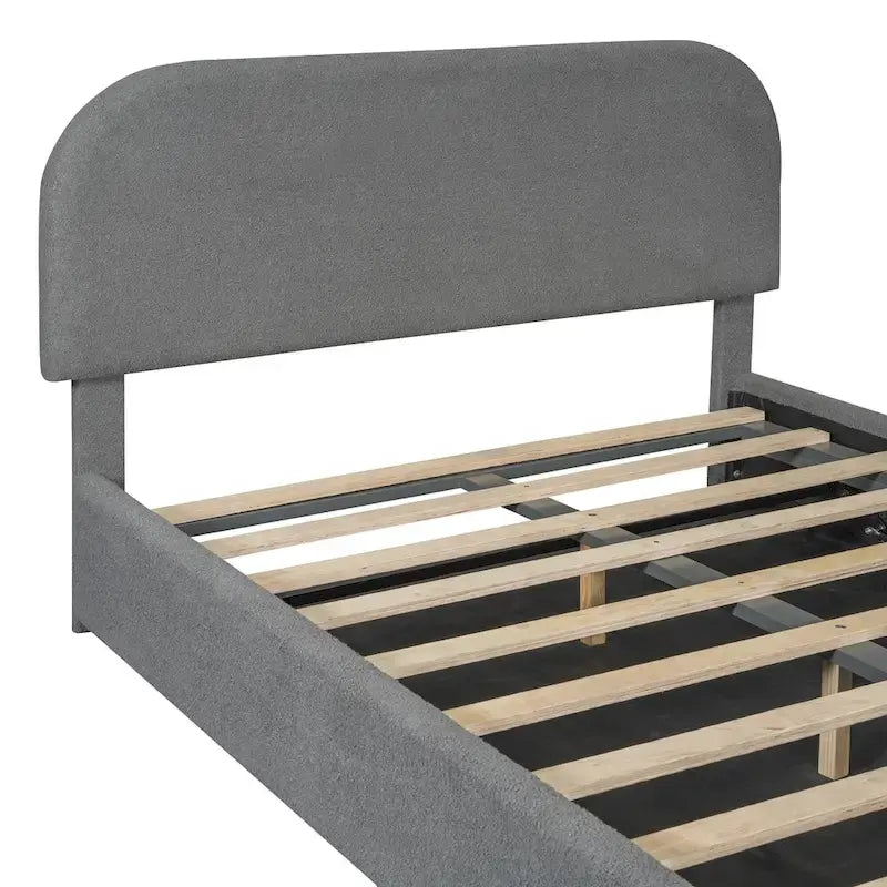 Cadre de lit plateforme relevable avec rangement, cadre de lit bas en polaire Teddy avec système de rangement hydraulique, tête de lit incurvée, lit à panneaux de bois