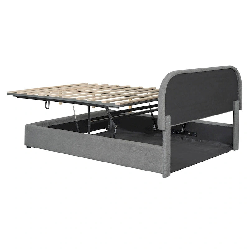 Cadre de lit plateforme relevable avec rangement, cadre de lit bas en polaire Teddy avec système de rangement hydraulique, tête de lit incurvée, lit à panneaux de bois