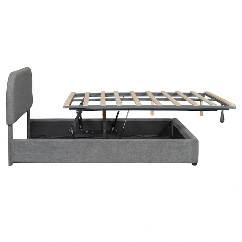 Cadre de lit plateforme relevable avec rangement, cadre de lit bas en polaire Teddy avec système de rangement hydraulique, tête de lit incurvée, lit à panneaux de bois