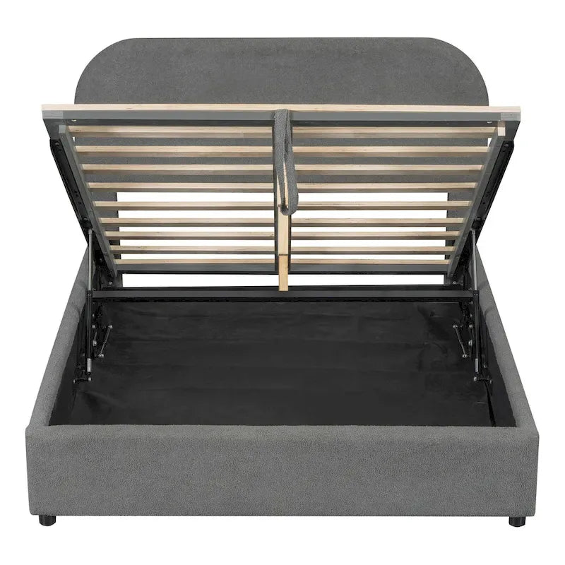 Cadre de lit plateforme relevable avec rangement, cadre de lit bas en polaire Teddy avec système de rangement hydraulique, tête de lit incurvée, lit à panneaux de bois
