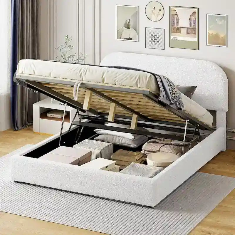 Cadre de lit plateforme relevable avec rangement, cadre de lit bas en polaire Teddy avec système de rangement hydraulique, tête de lit incurvée, lit à panneaux de bois