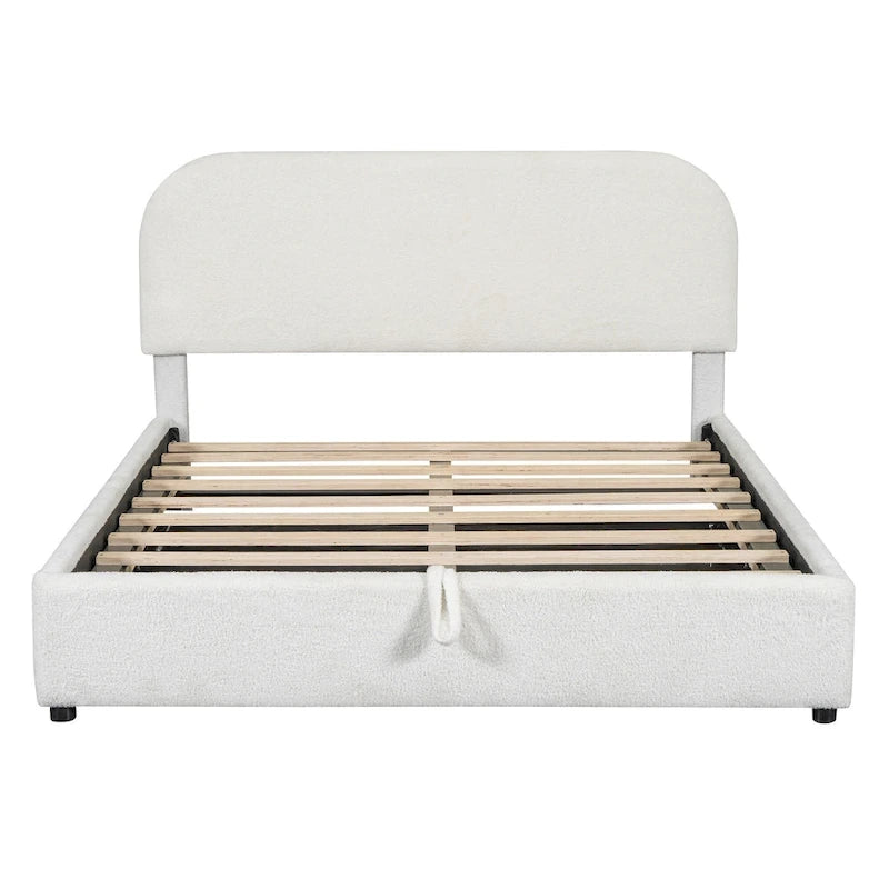 Cadre de lit plateforme relevable avec rangement, cadre de lit bas en polaire Teddy avec système de rangement hydraulique, tête de lit incurvée, lit à panneaux de bois