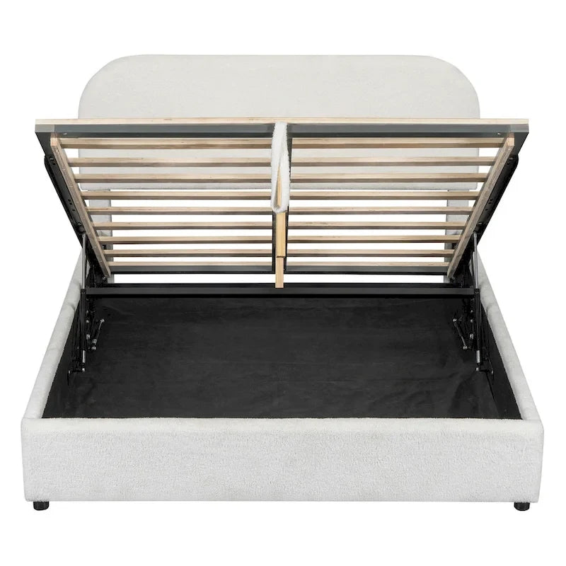 Cadre de lit plateforme relevable avec rangement, cadre de lit bas en polaire Teddy avec système de rangement hydraulique, tête de lit incurvée, lit à panneaux de bois