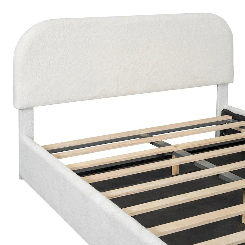 Cadre de lit plateforme relevable avec rangement, cadre de lit bas en polaire Teddy avec système de rangement hydraulique, tête de lit incurvée, lit à panneaux de bois