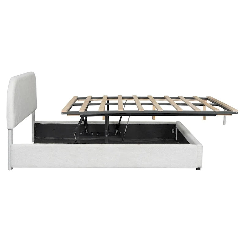Cadre de lit plateforme relevable avec rangement, cadre de lit bas en polaire Teddy avec système de rangement hydraulique, tête de lit incurvée, lit à panneaux de bois
