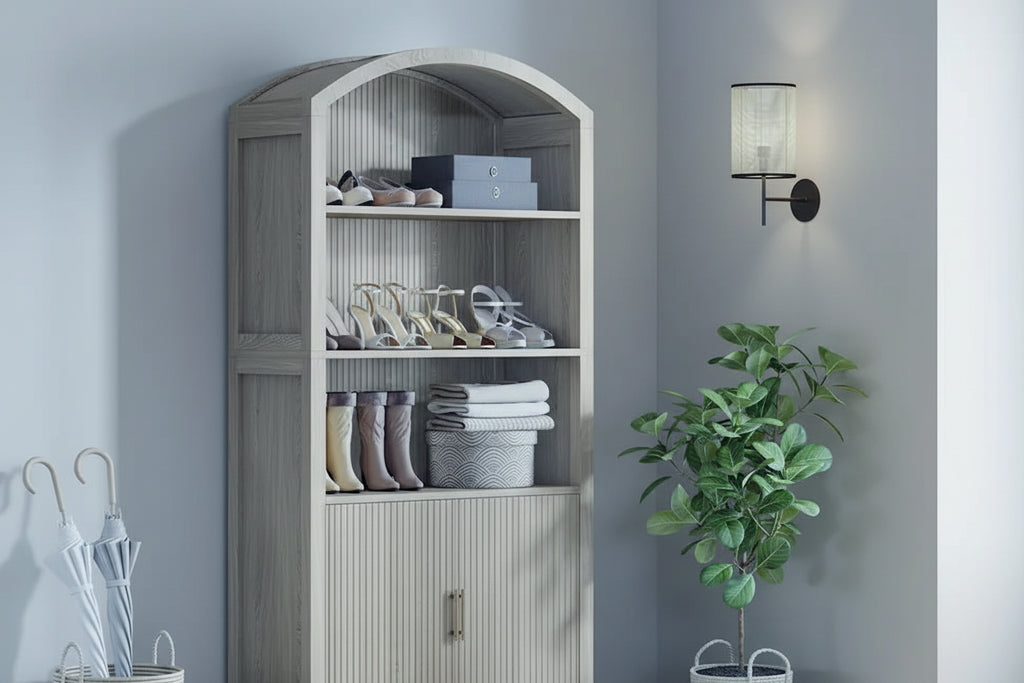Meuble à chaussures 5 niveaux grand et cintré de 71 po avec portes - Naturel
