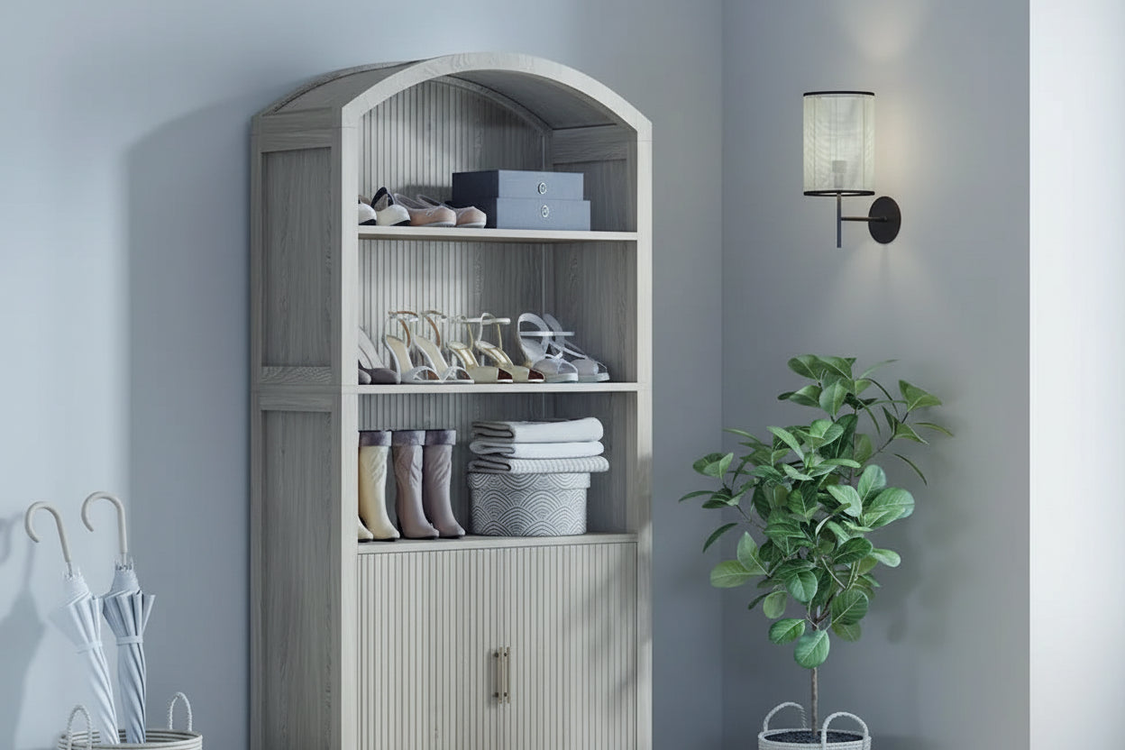 Meuble à chaussures 5 niveaux grand et cintré de 71 po avec portes - Naturel