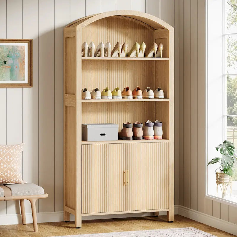 Meuble à chaussures 5 niveaux grand et cintré de 71 po avec portes - Naturel