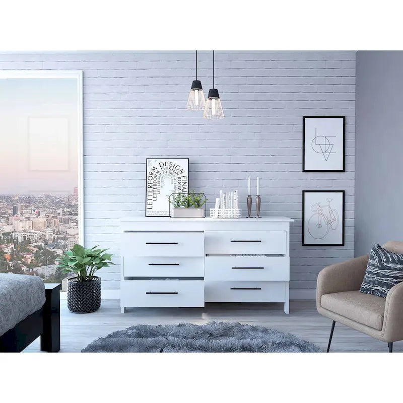 Commode double 6 tiroirs avec glissières à roulettes, poignées métalliques et 4 pieds