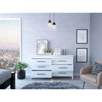 Commode double 6 tiroirs avec glissières à roulettes, poignées métalliques et 4 pieds
