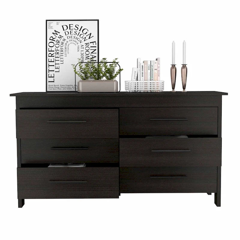 Commode double 6 tiroirs avec glissières à roulettes, poignées métalliques et 4 pieds