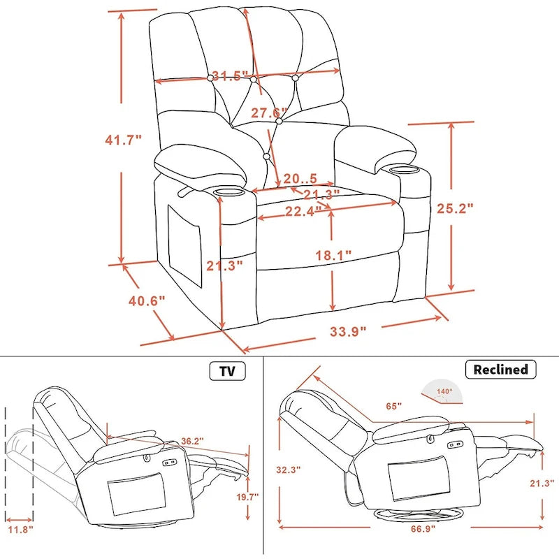 Fauteuil inclinable électrique pivotant et coulissant avec porte-gobelets et ports USB pour chambre de bébé, tissu 7797