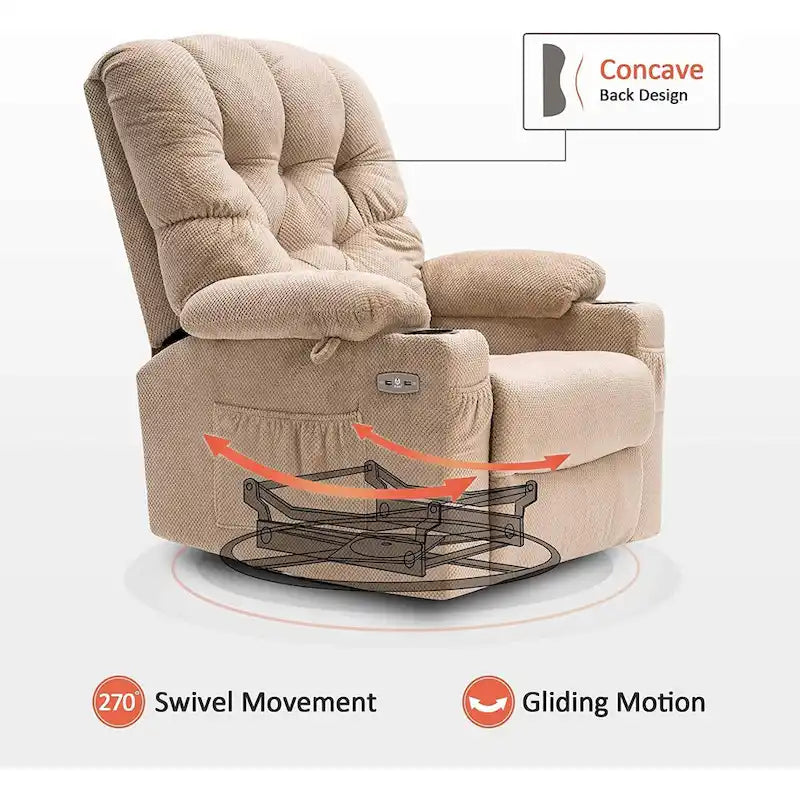 Fauteuil inclinable électrique pivotant et coulissant avec porte-gobelets et ports USB pour chambre de bébé, tissu 7797