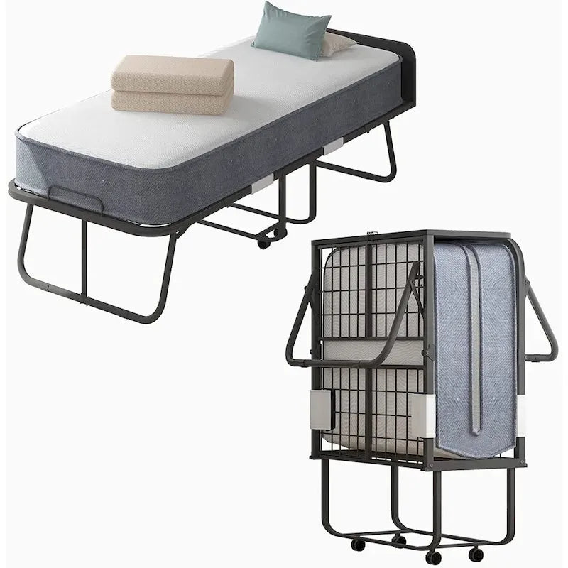 Lit pliable compact avec matelas et roulettes