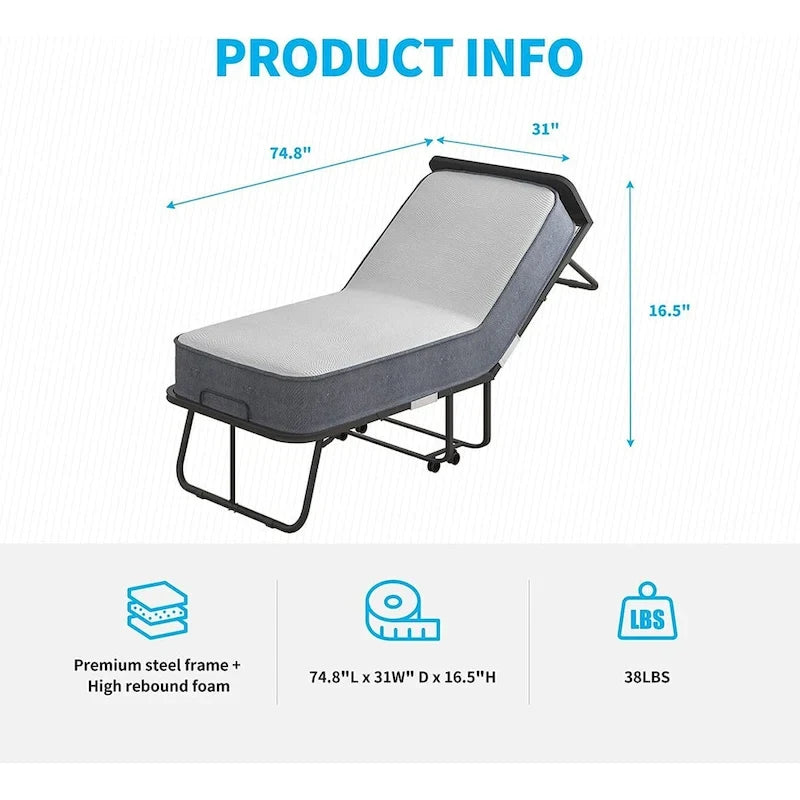Lit pliable compact avec matelas et roulettes